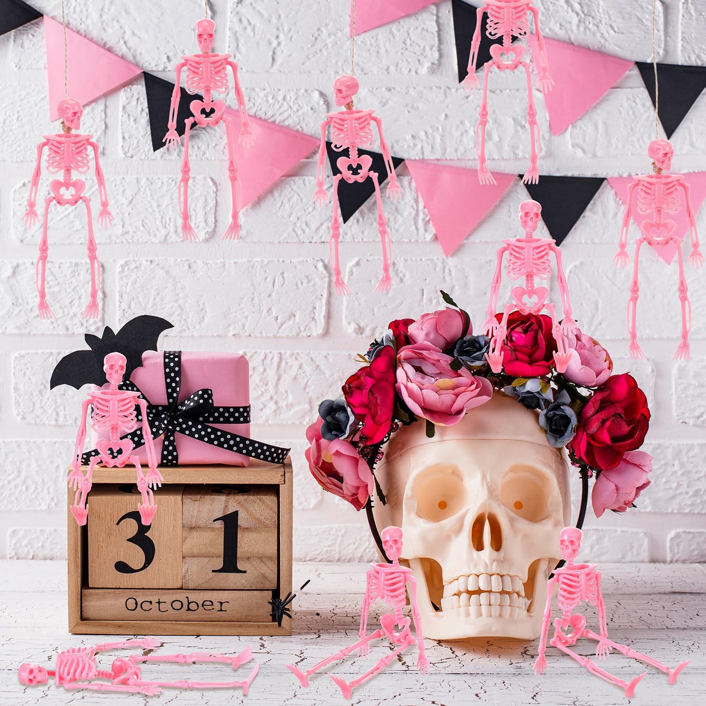 Jetec Halloween Mini Skeleton Pink Decor with Jute Rope 6 Inch Small Skeletons Plastic Skeleton Decorations for Craft Accessories Party Favors (12 Pcs)