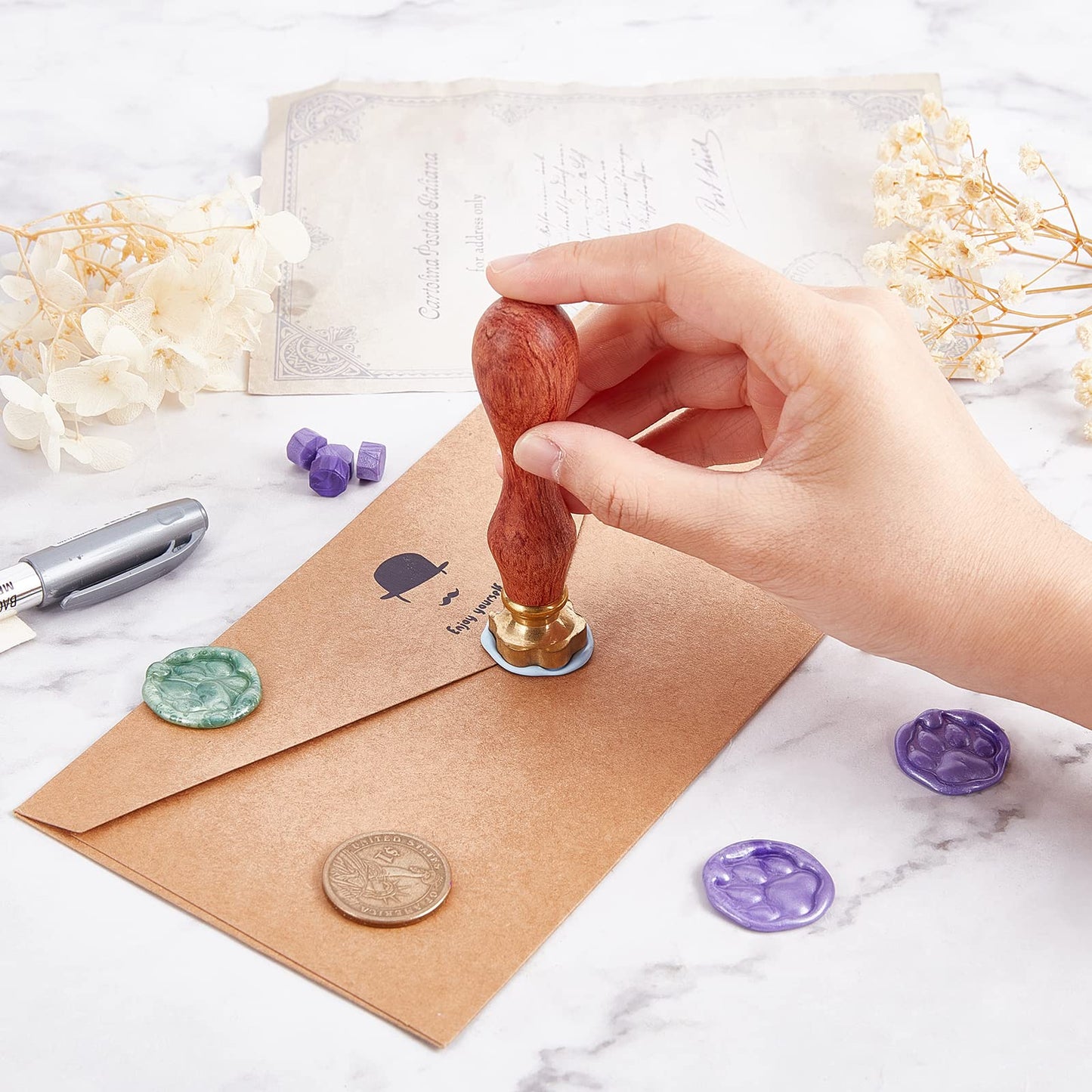 CRASPIRE Pawprint Wax Seal Stamp Paw Print Vintage Sealing Wax Stamps Retro 3D Removable Brass Head with Wood Handle for Wedding Invitations Halloween Christmas Thanksgiving Gift Packing