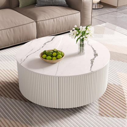 Merax Round Coffee Table for Living Room 29.5" Movable Accent Table with Casters and 2 Storage Drawers, Marble Pattern Sintered Stone Top, White
