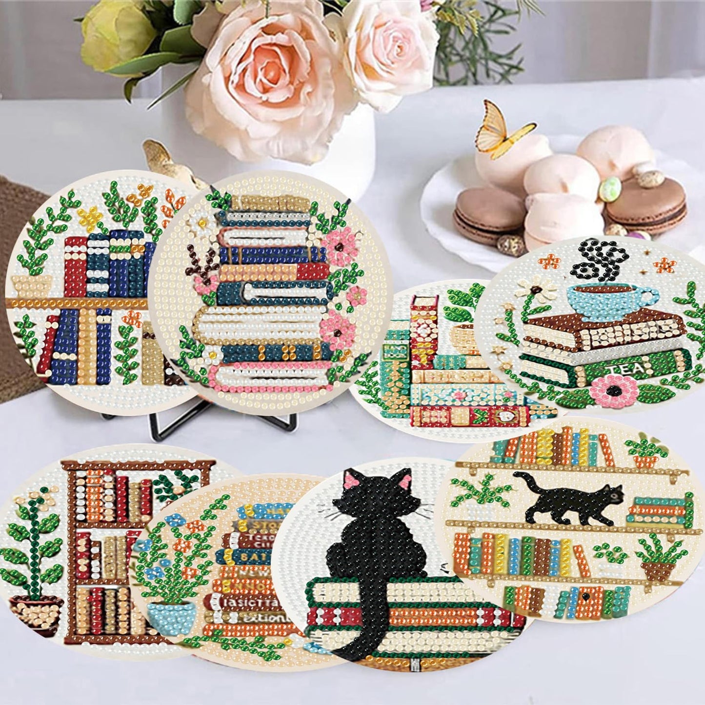 Zythron 8 Pcs Bookshelf Diamond Art Coasters Books Diamond Painting Coasters Kits DIY 5D with Holder with Holder Cork Pads DIY for Beginners, Adults, Diamond Art Kits Crafts Supplies 4x4 in