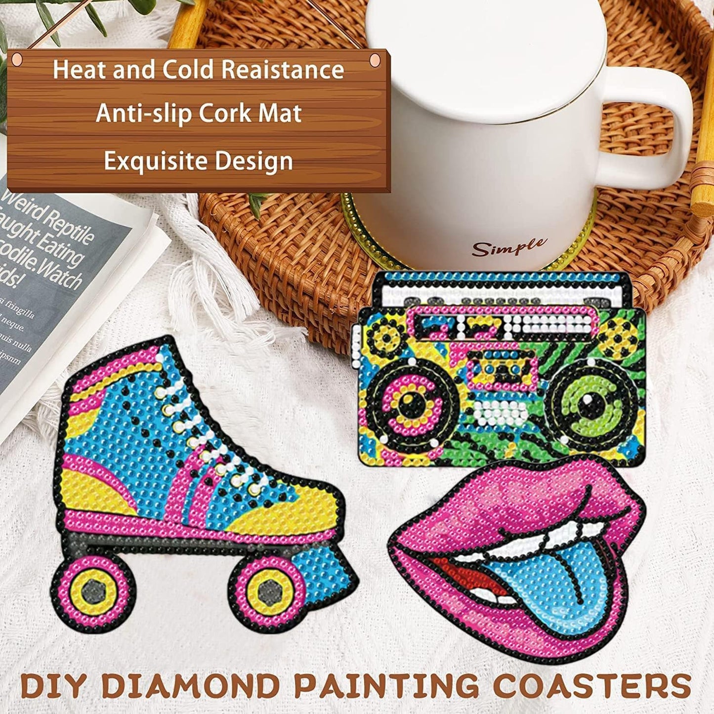 8Pcs 80s 90s Diamond Art Painting Coasters Kit with Holder Retro 1980s 1990s Hip Hop Throwback Gem Mosaics Arts Rhinestone Painting Coasters Crafts for Adults Handmade Gifts Home Decoration Supplies