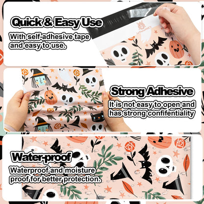 JarThenaAMCS 100Pcs Halloween Poly Mailers 10 x 13 Inch Spooky Ghost Pumpkin Packaging Bags Self Seal Mailing Envelope Bags for Small Business Clothing Gift