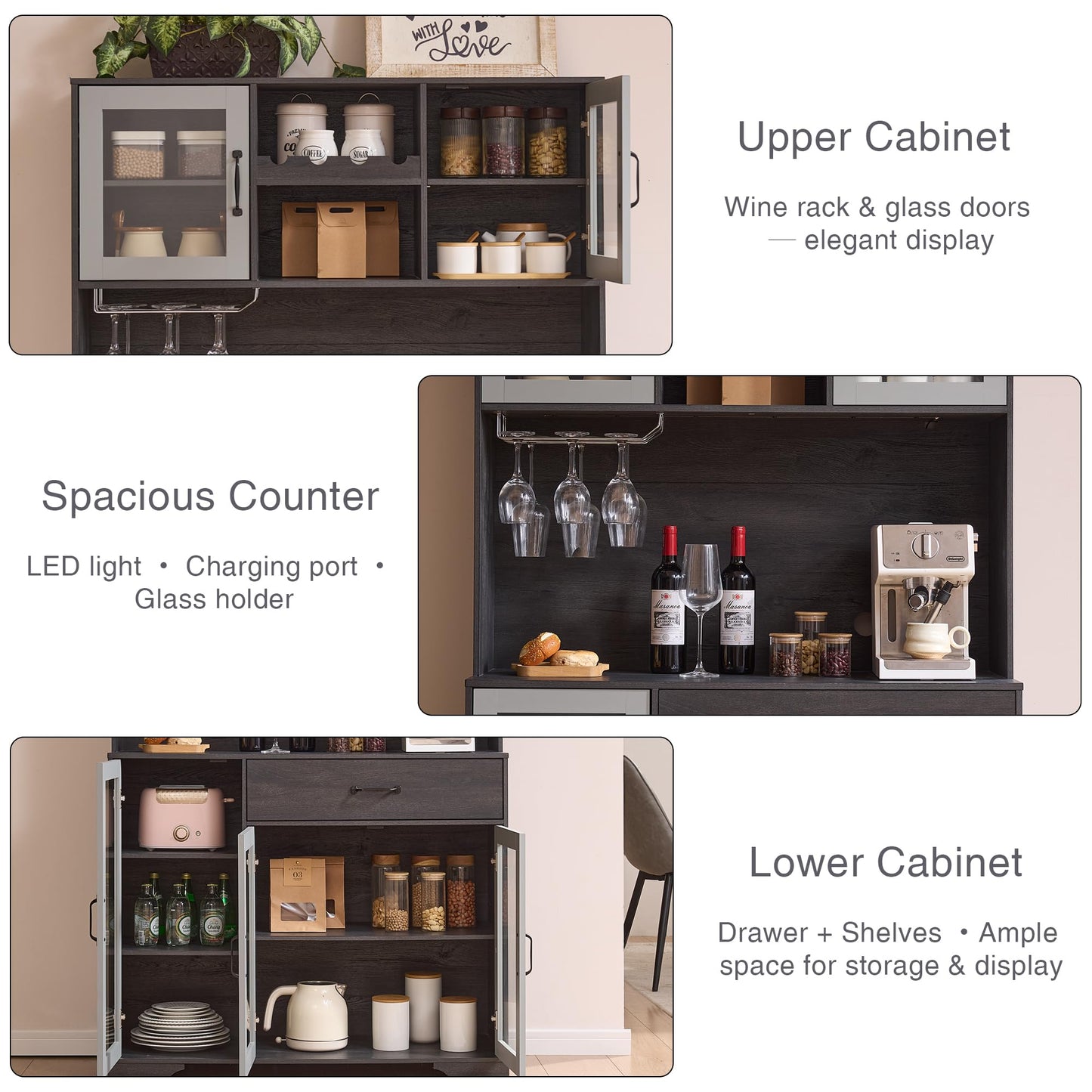 Fatmok 71" Tall Pantry Cabinet with Glass Doors, Kitchen Hutch Storage Cabinet, Coffee Bar & Liquor Cabinet with Charging Station & LED Lights, Wine Rack, Adjustable Shelves＆Large Drawer, Grey