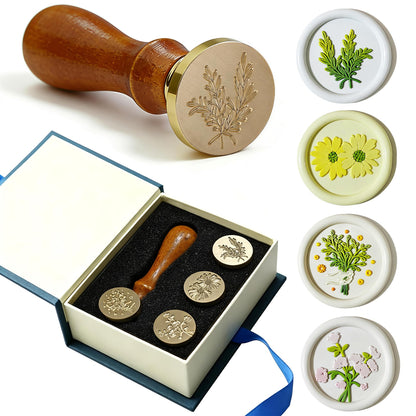 DBEFTLI 4-Piece Botanical Wax Seal Stamp Set – Interchangeable Solid Brass Heads & Wooden Handle – Vintage Floral Collection (Eustoma, Rosemary, Daisy, Tied Bouquet) in Gift Box for Weddings & DIY