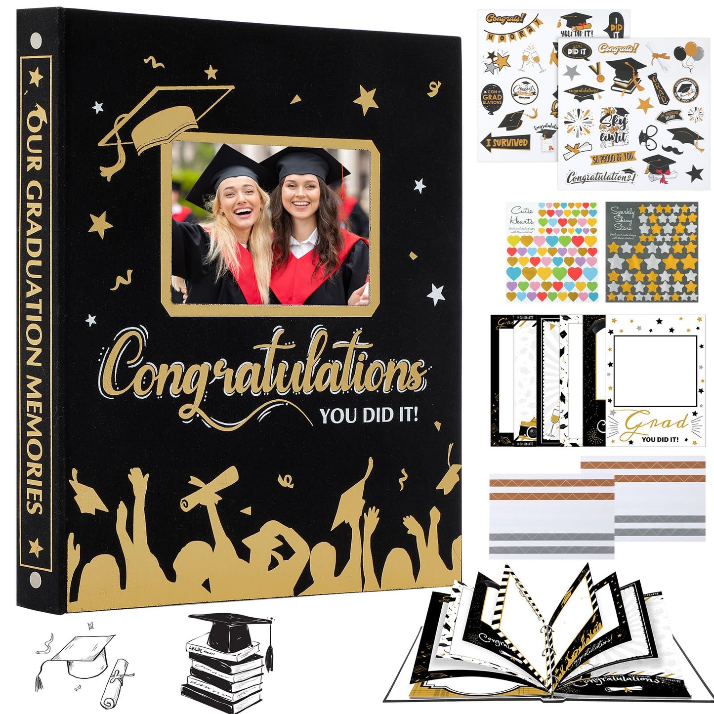 Pasimy Graduation Scrapbook Kit A4 Photo Album 60 Pages Removable DIY Memory Scrap Book Grad Picture Album with Stickers Holds 4x6 5x7 8x10 Pictures for Grad Class of 2026 Graduation Gifts(Classic)