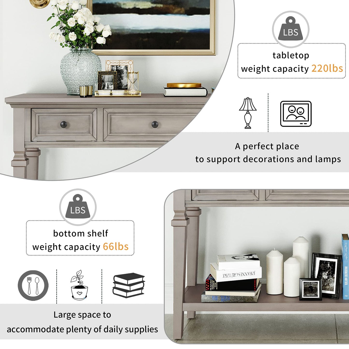 Merax Classic Long Narrow Console Table for Entryway Hallway Sideboard with Storage Drawers and Bottom Shelf Gray Wash