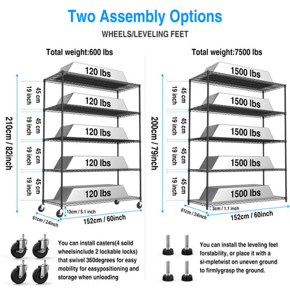 5 Tier 7500lbs Capacity NSF Metal Shelf Wire Shelving Unit, Heavy Duty Adjustable Storage Rack with Wheels & Shelf Liners for Commercial Grade Utility Steel Storage Rack, Black - 82"H x 60"L x 24"D