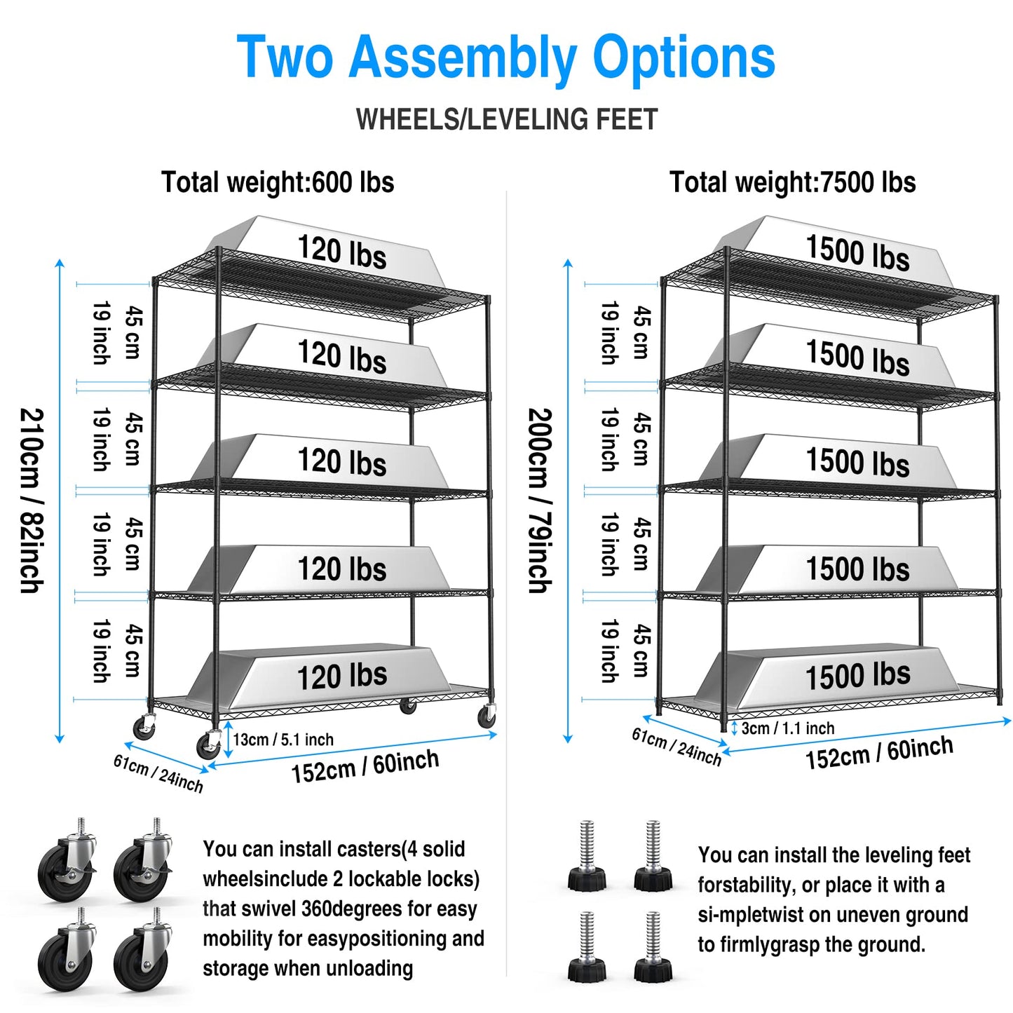 Metal Shelf Wire Shelving Unit, 5 Tier 7500lbs Capacity NSF Heavy Duty Adjustable Storage Rack with Wheels & Shelf Liners for Commercial Grade Utility Steel Storage Rack,82"H x 60"L x 24"D-Black