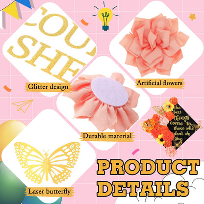 Feifeiya 36 Pcs DIY 2026 Graduation Cap Decorations Accessory Kit Include Faux Flower Heads Graduation Quotes Glitter Stickers 3D Butterfly for Grad Cap Topper DIY Gift(Orange,Excitation)