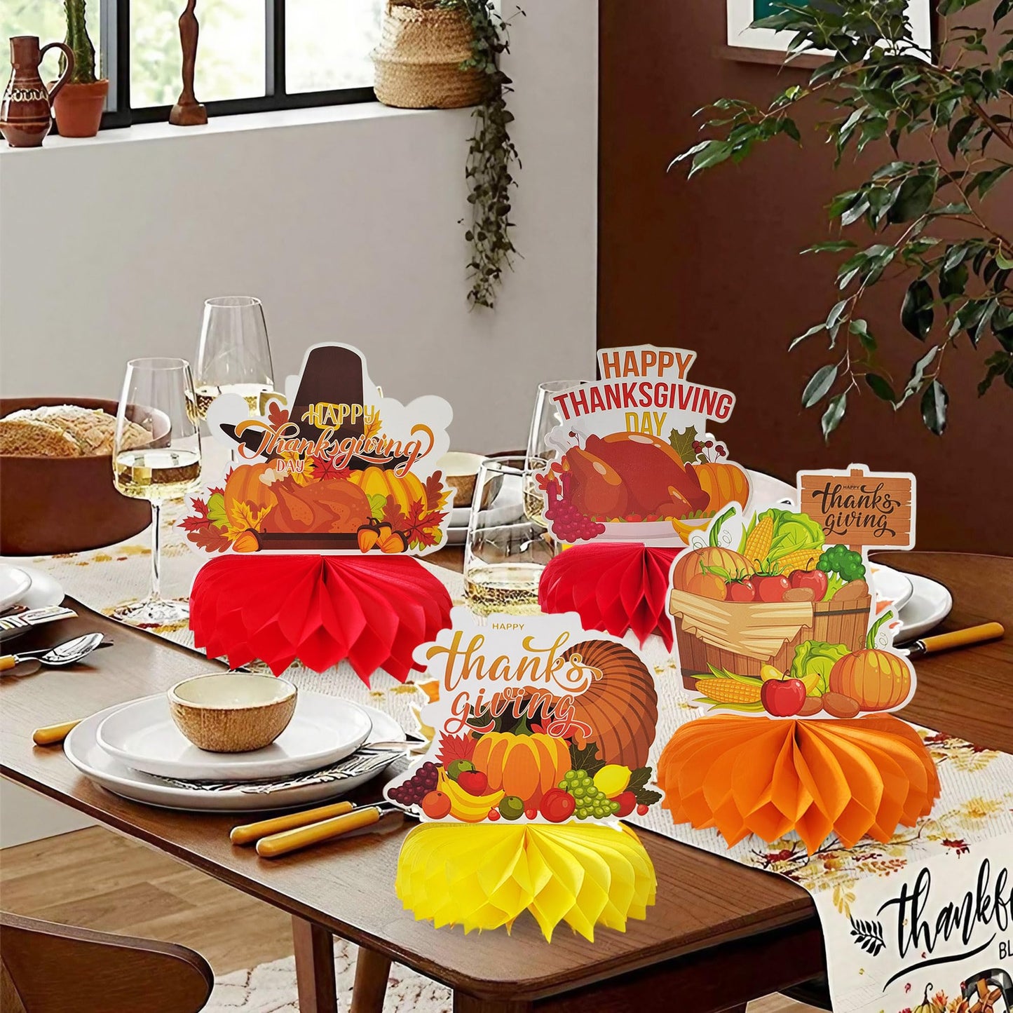 TiAaihion 9pcs Fall Table Decorations, Thanksgiving Honeycomb Centerpieces, Autumn Party Supplies, Pumpkin Sunflower Maple Leaf Decorations for Home Office Fall Party Decor