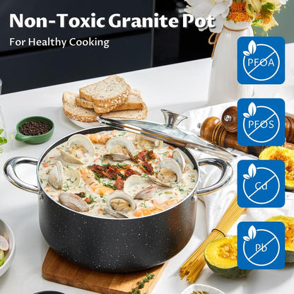 BEZIA 6 Quart Nonstick Stock Pot with Lid, Induction Cooking Pot Soup Pot, Non-toxic and Oven Safe, Perfect for Stews, Soups and All Stovetops, PFOA PFAS Free