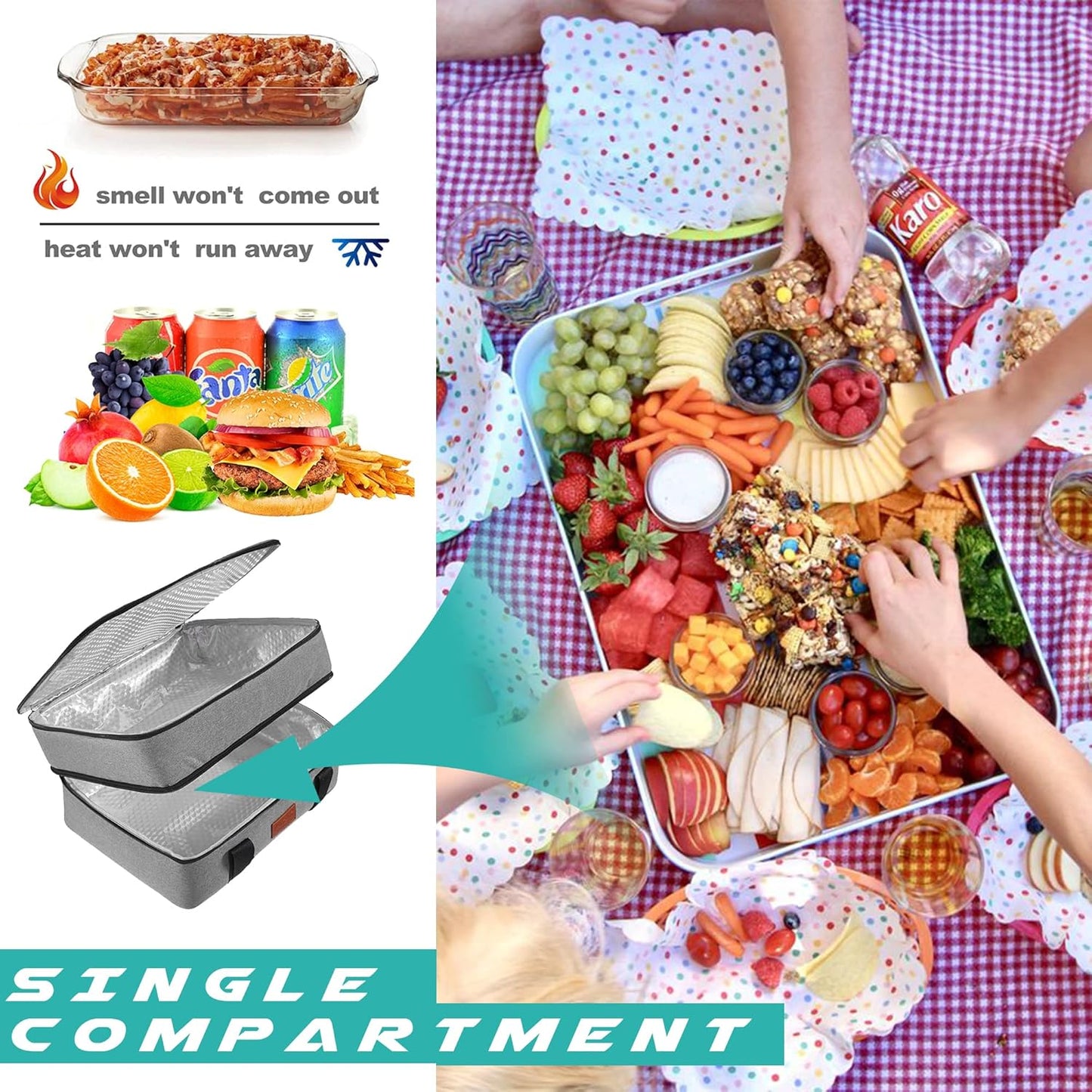 Insulated Lunch Bag, Double Decker Casserole Carrier for Hot or Cold Food, Fits 9"x13" Baking Pan, Gray