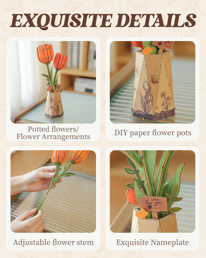 ROBOTIME 3D Puzzle Orange Tulip TW081, DIY Wooden Flower Craft, Artificial Flowers Model Kit to Assemble for Adults, Home Decoration and Valentine's Day Gift Set