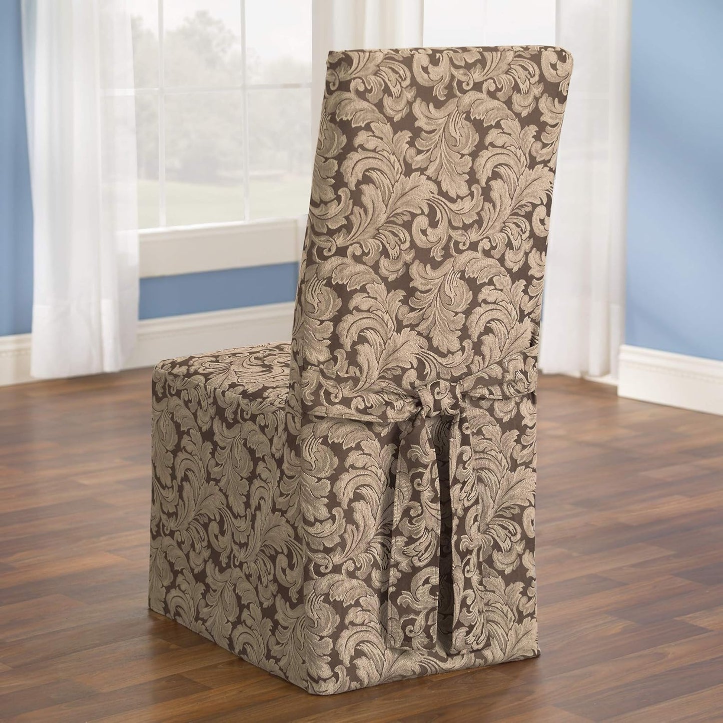 SureFit Scroll Dining Chair Slipcover - Long Skirt and Back Ties, Full Length Relaxed Fit High Back Chair Cover
