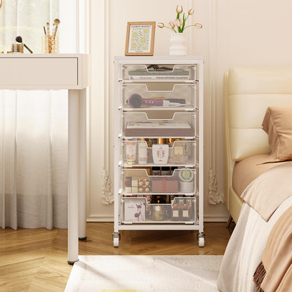 Sbanmao 6 Drawers Rolling Utility Cart, Rolling Storage Cart with Wooden Tabletop, Storage Drawer Cart on Lockable Wheels, Craft Cart for Bedroom, Classroom, Office, White