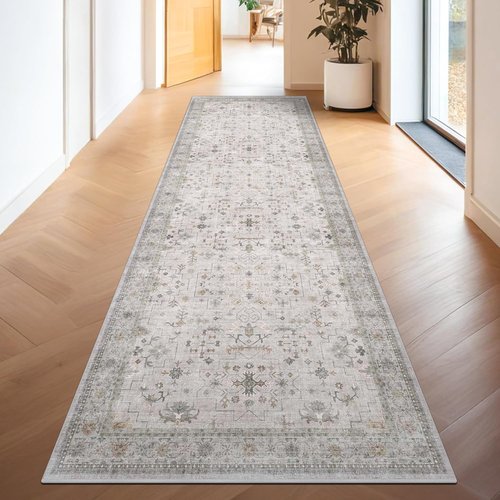 Hazo Haus Floral Hallway Runner - Light Gray & Taupe, Washable Non-Slip Rug for Kitchen & Bathroom