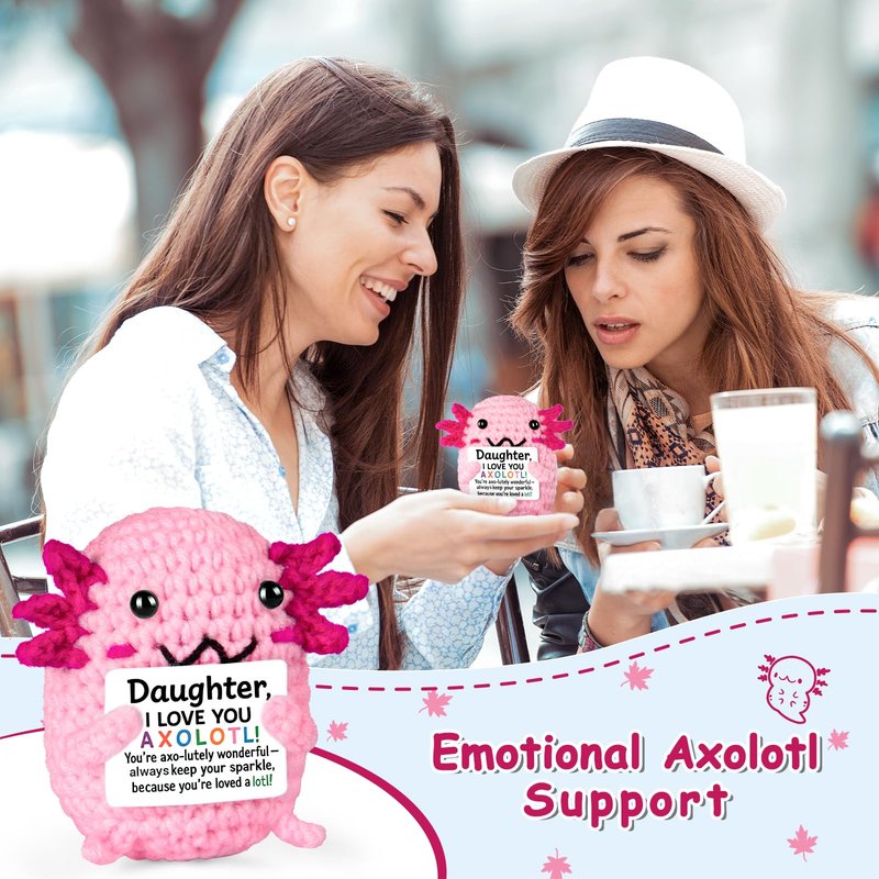 FliipFlaap Positive Crochet Animal Axolotl for Daughter – Cute Handmade Encouragement & Emotional Support Gift from Mom or Dad, Birthday Keepsake Decor, Loving Reminder for Girls