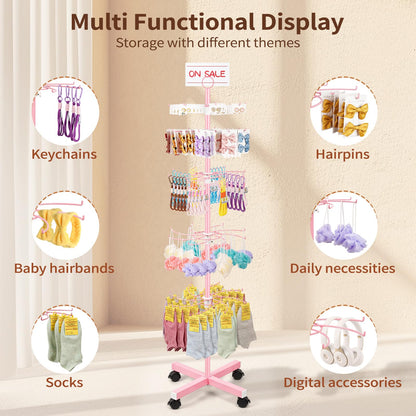 Flenpptly Retail Display Stand, 5-Tier Rotating Display Rack for Store Display, Movable and Adjustable Spinning Display Stand for Earrings, Jewelry, Keychains, Socks Display (Pink)