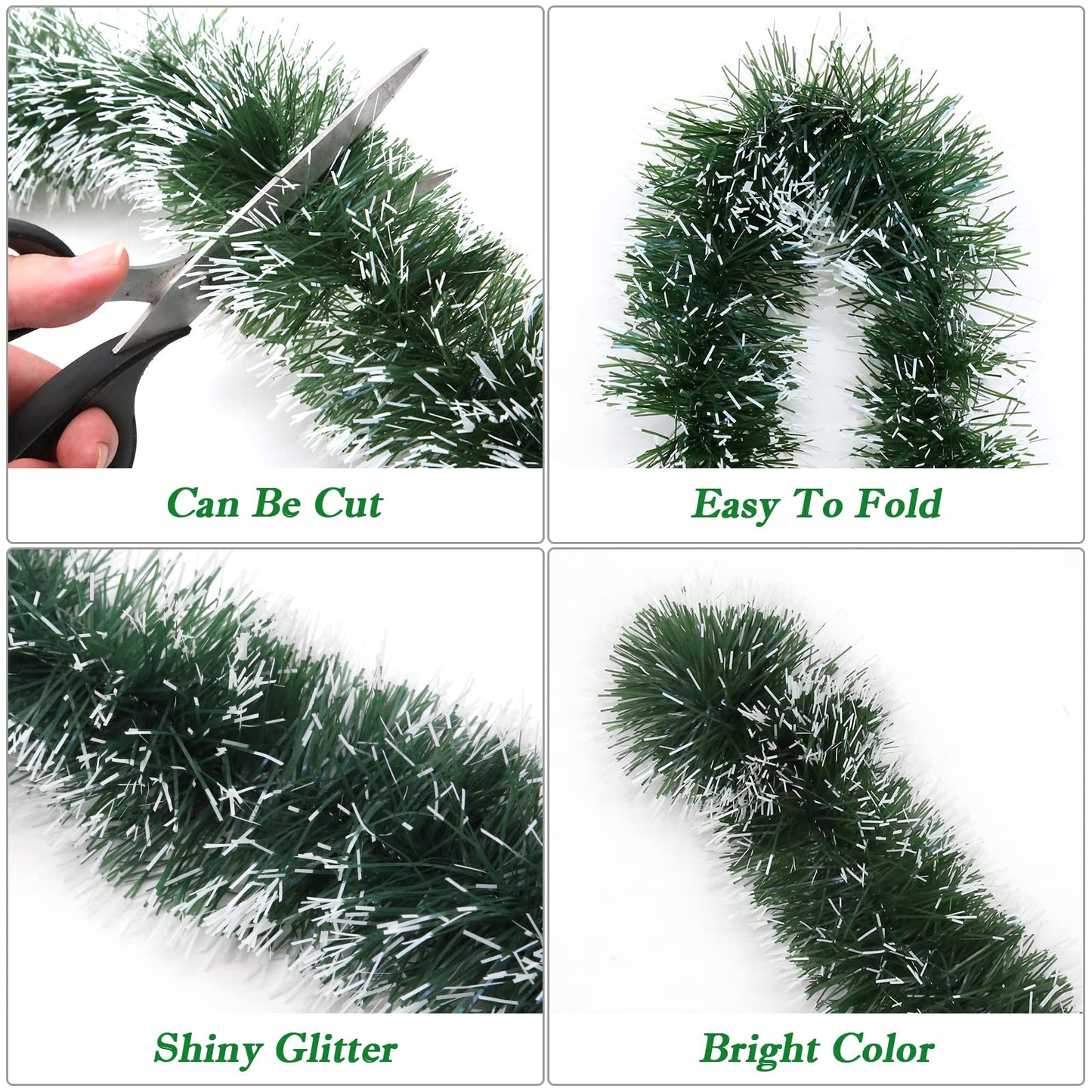 50FT Green Christmas Tinsel Garland Decorations to Christmas Tree, Thick and Thin Metallic Streamers Foil Tinsel Twist Garland Decor for Home Indoor Outdoor Party Supplies