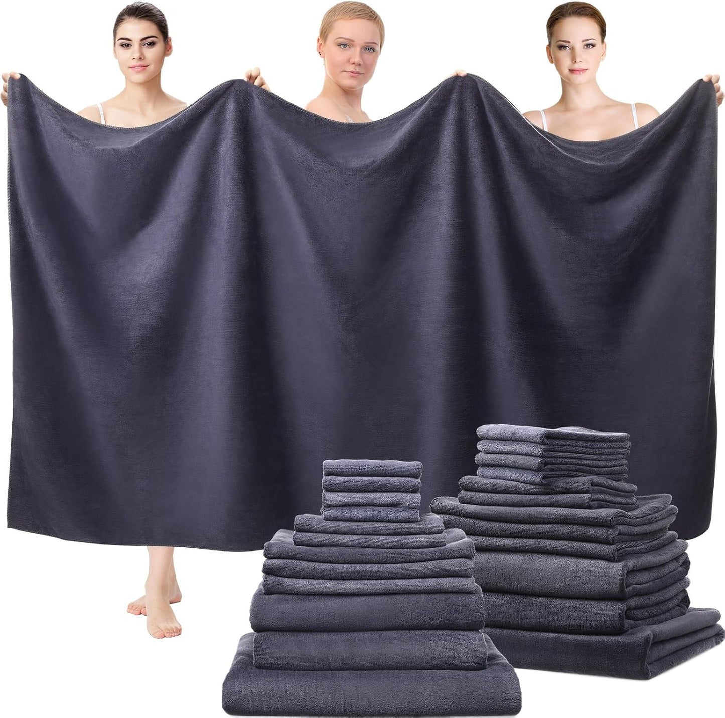24 Set: 2 4 6 8 4 Mixweer Piece Dark Grey Microfiber Absorbent Towel Oversized Bath Sheets, Bath Towels, Hand