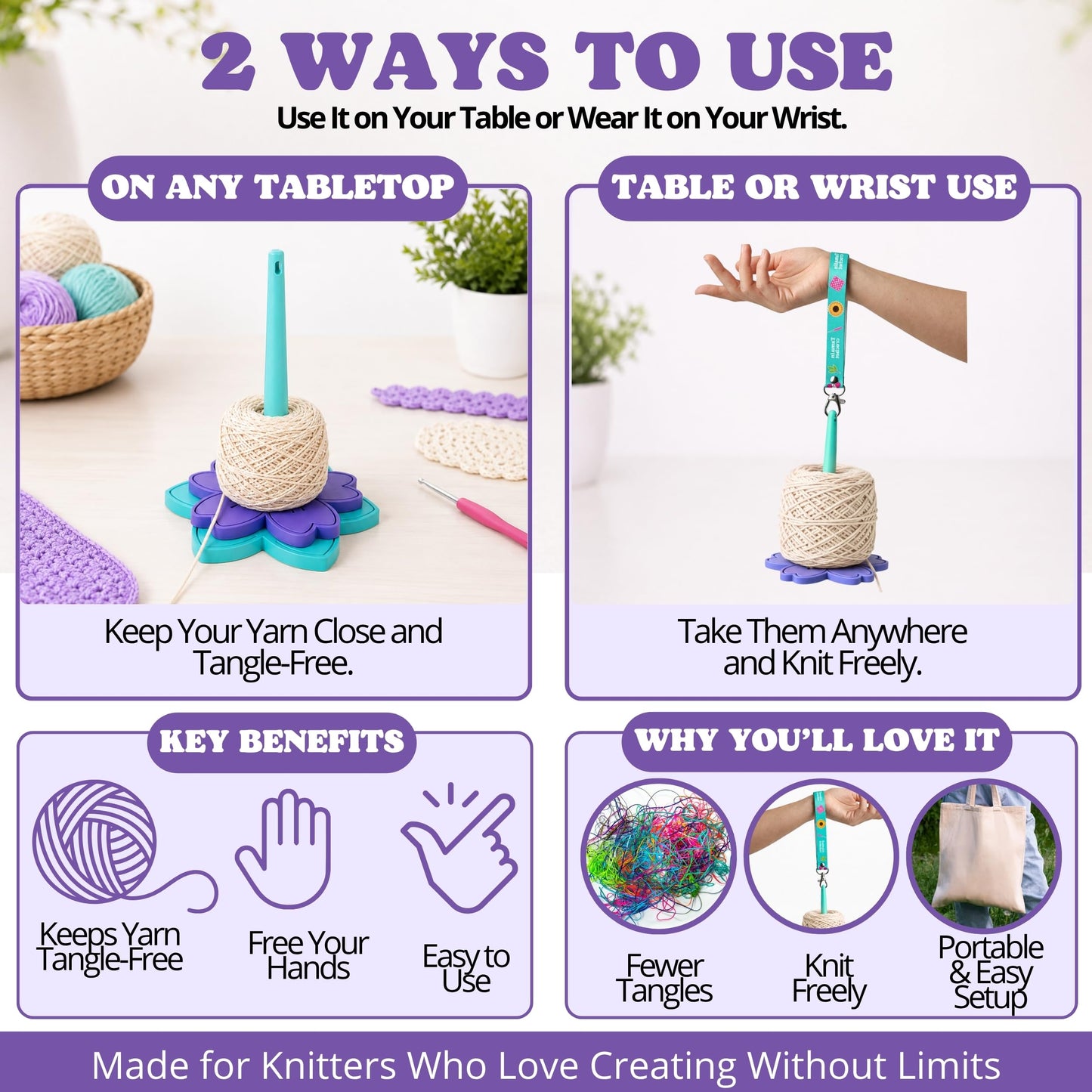 Tamatin Crochet - Yarn Holder for Crocheting - 2-in-1 Portable Wrist Holder with Non-Slip Base - Detachable Crochet Knitting Accessory, Stitch Markers Included (Pastel Pink)