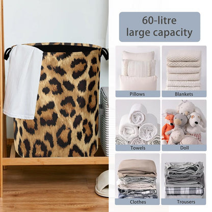 Brown Leopard Laundry Basket,Foldable with Handles Tote Bag Oxford Cloth for Bathroom Bedroom Dirty Clothes Storage Bucket 16" x 20.8"
