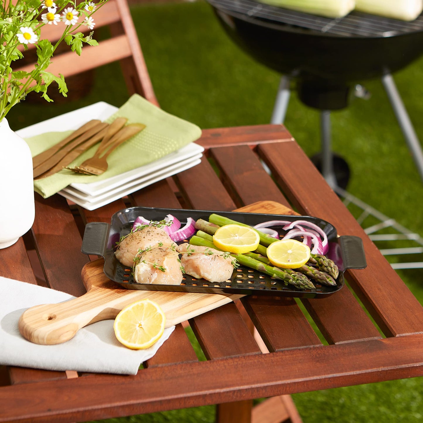 RSVP International Porcelain Coated Steel BBQ Grill Tray/Pan, Outdoor Barbeque Grilling Accessories for Cooking Fish & Vegetables, Dishwasher Safe, Small, 13x7.25"