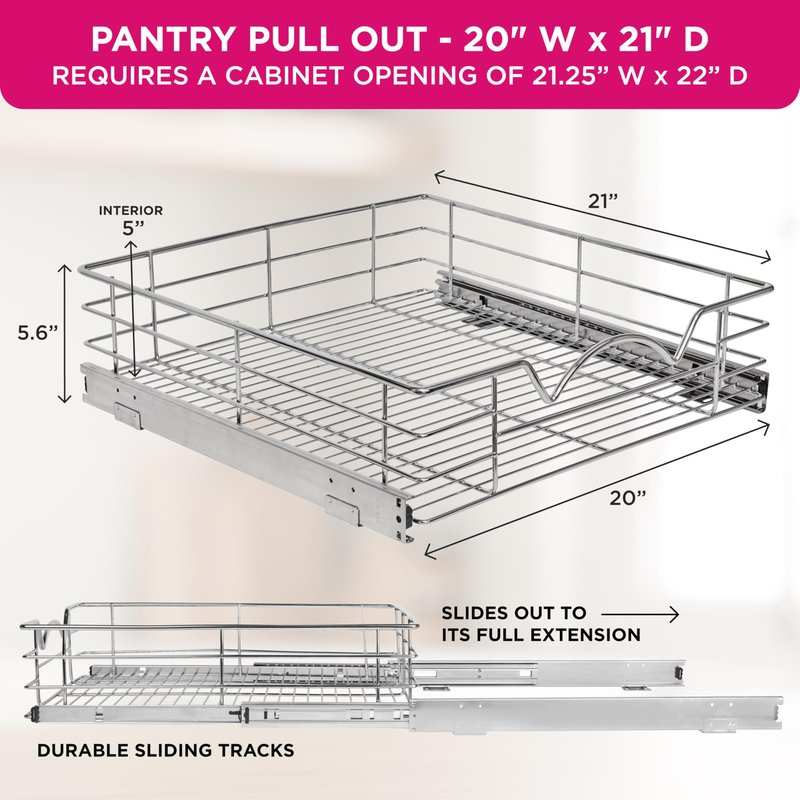 HOLDN’ STORAGE Pull Out Cabinet Organizer, Slide Out Drawer for Kitchen Cabinets & Pantry, Roll Out Shelf for Pots, Pans & Under Sink Storage, Heavy-Duty Full-Extension, 20" W x 21" D x 5" H