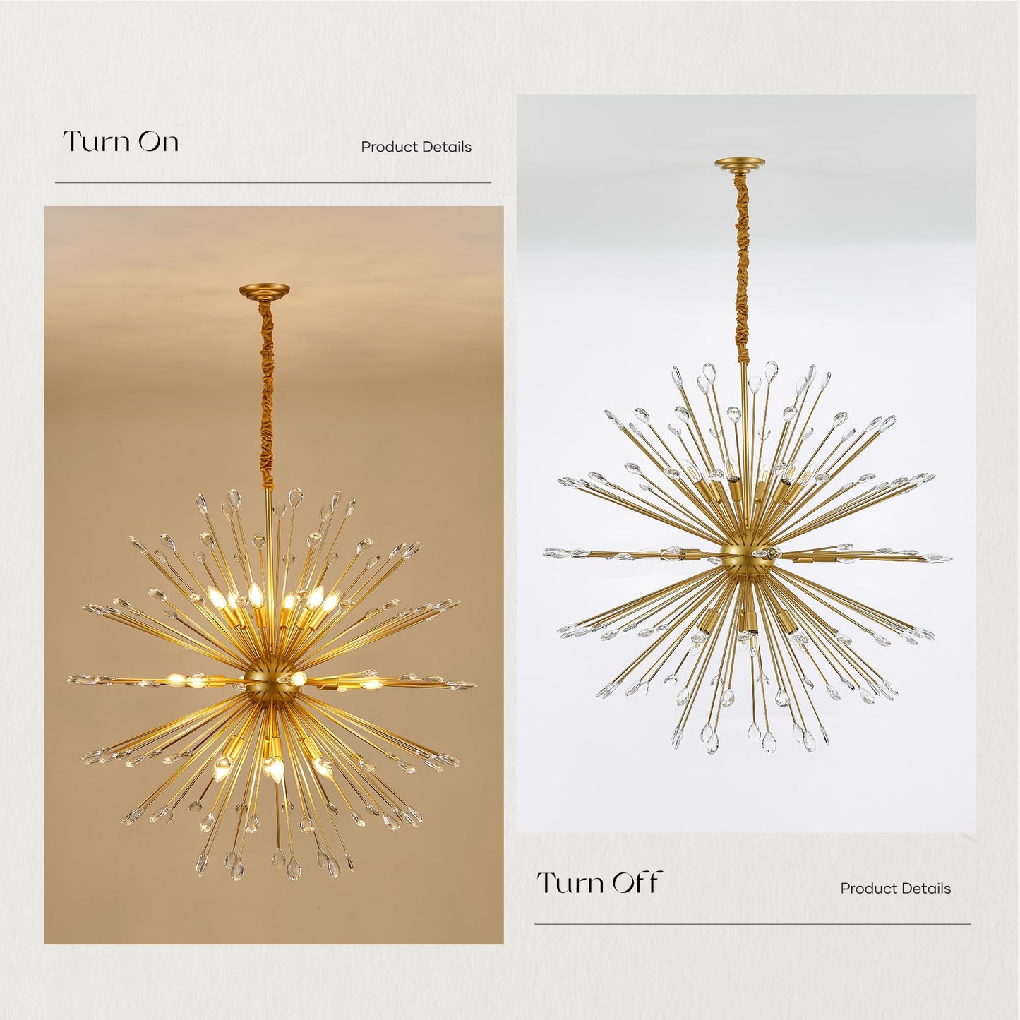Aol furin 18-Light Gold Sputnik Chandeliers, 41" Starburst Firework Pendant Light fixtures, Mid-Century Modern Satellite Ceiling Lights for Dining Room, Kitchen, Bedroom, Living Room, E12