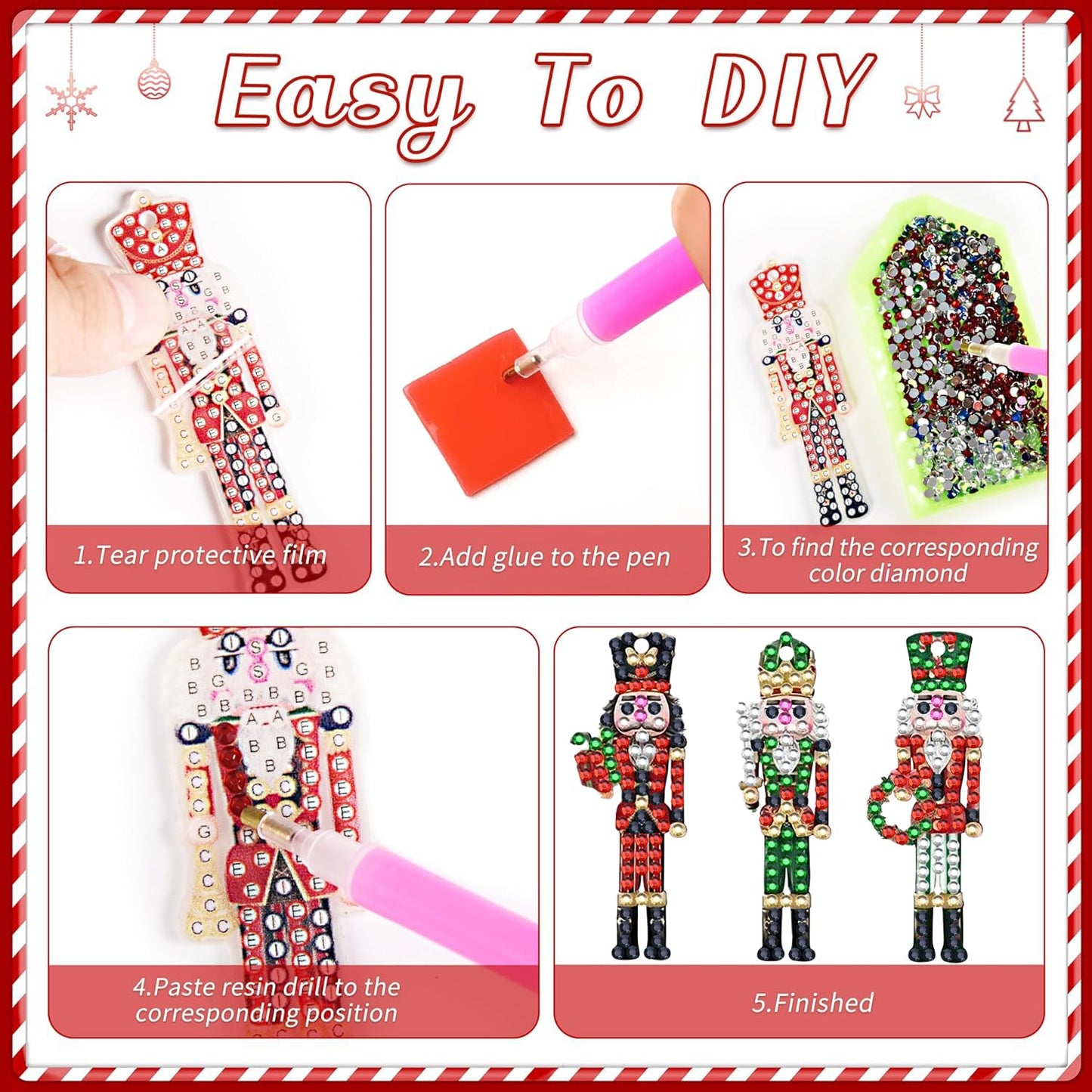 12 Pcs Christmas 5D DIY Diamond Art Painting Keychains Kits for Adult Beginners. Double Sided Hanging Christmas Soldier Keychains and Ornaments for Decoration Gifts (key09)
