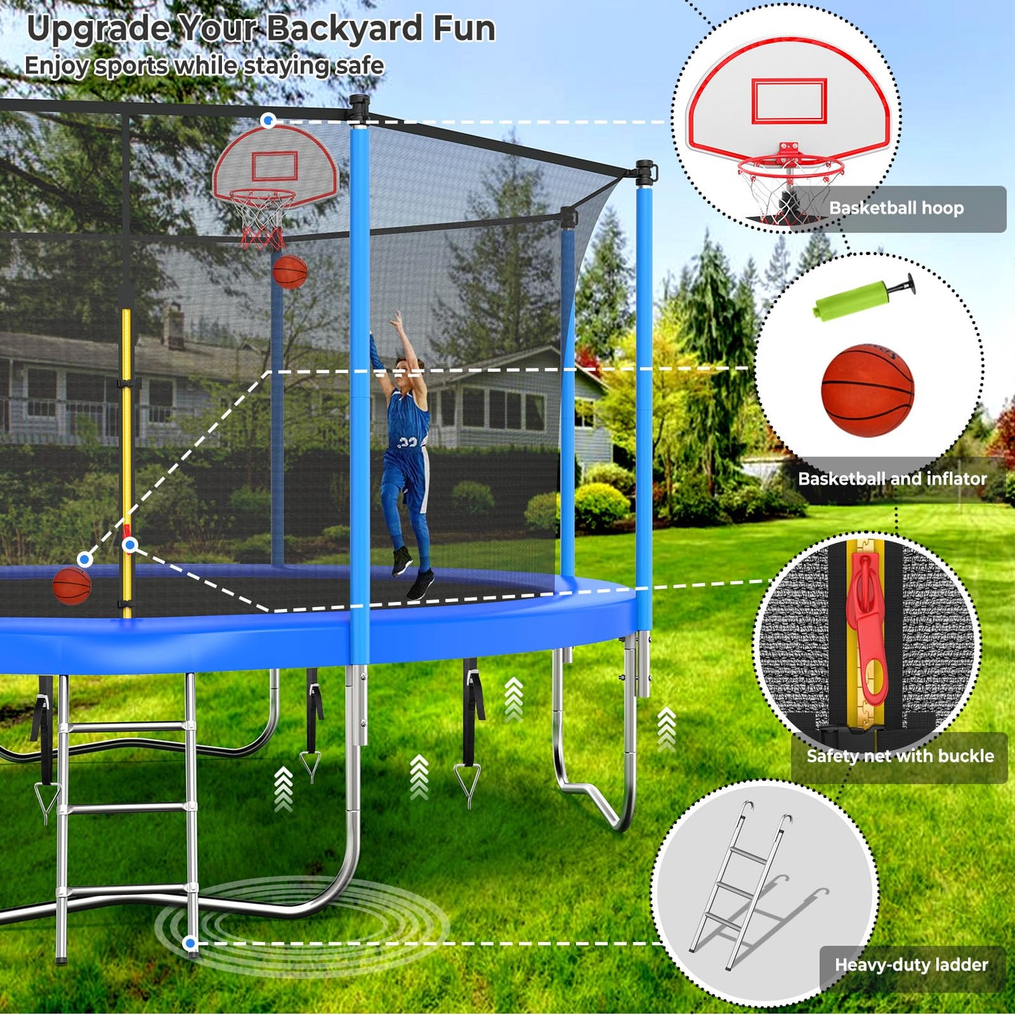 Upgraded 16FT 15FT 14FT 12FT 10FT 8FT Trampoline Outdoor with Basketball Hoop and Net, Capacity for 4-6 Kids and Adults