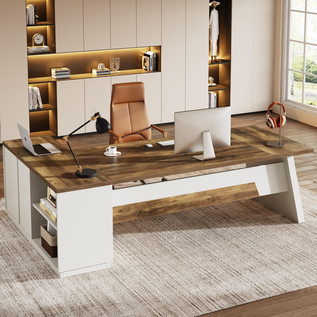 Tribesigns 78" L-Shaped Executive Desk, Large Modern Office Desk with Drawers and Lateral File Cabinet, Business Furniture with Storage Shelves, Big Computer Desk for Home Office (Brown + White)