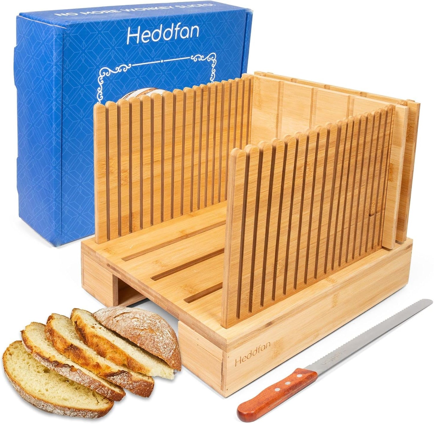 HEDDFAN 12 Bamboo Bread Slicer For Homemade Bread - Built-In Knife Slot, Crumb Catcher & Storage Compartment