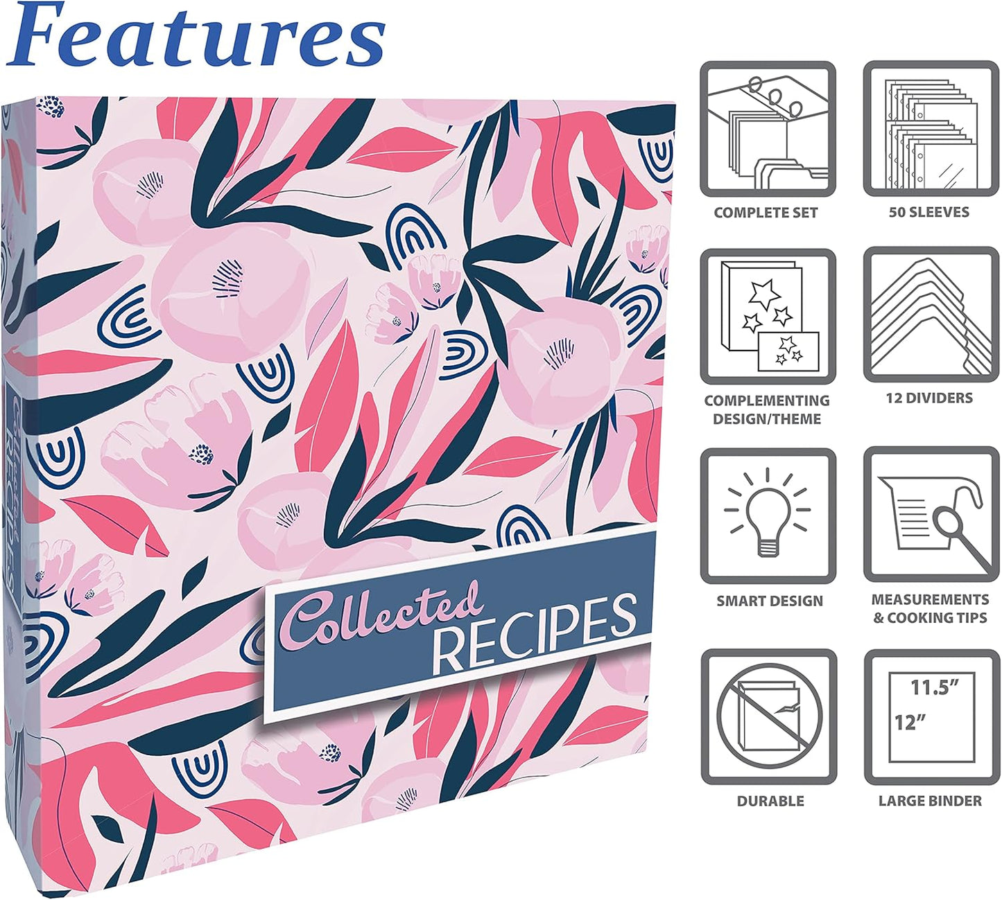 Better Kitchen Products Recipe Binder Set: Full Page 3 Ring Organizer with 50 Protectors & 12 Divider Tabs, Floral