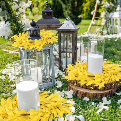 6 PCS Spring Forsythia Wreath Candle Rings Artificial Forsythia Farmhouse Candle Rings Pillar Holder Wreath Mini Spring Summer Floral Candle Rings for Rustic Wedding Home Table Centerpiece Decor