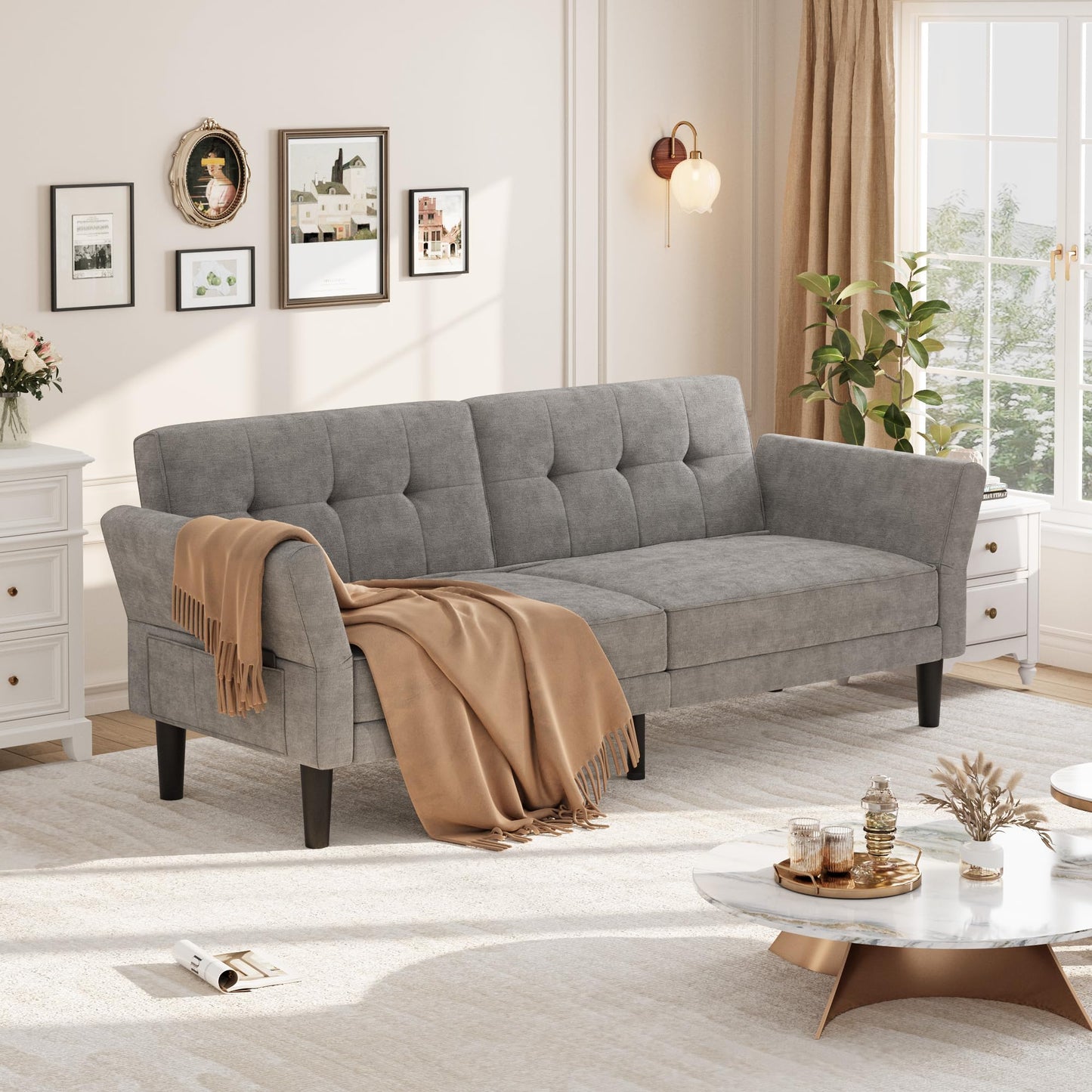 89" Futon Sofa Bed, Modern Sleeper Couch with Adjustable Backrest & Armrest, Convertible Couch Bed with Deep Seat for Living Room Bedroom, Apartments