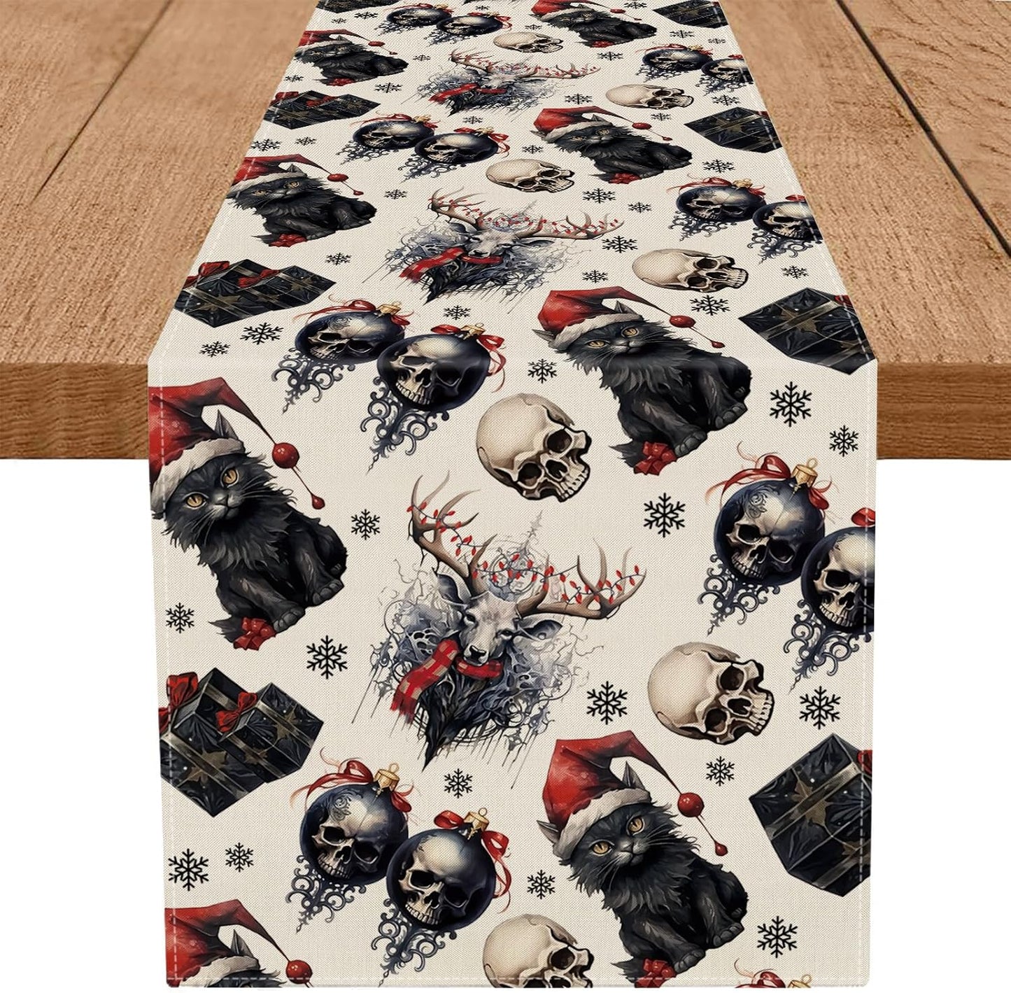 13x108 Inch Gothic Decor Christmas Table Runner Black Cat Skeleton Snowflake Winter Xmas Kitchen Dining Home Room
