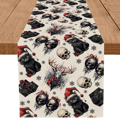 13x108 Inch Gothic Decor Christmas Table Runner Black Cat Skeleton Snowflake Winter Xmas Kitchen Dining Home Room