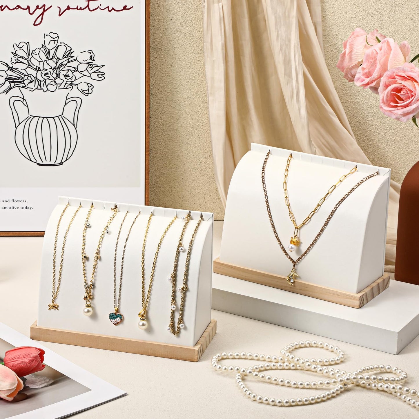 2 Pcs Cambered Wooden Necklace Display Stand with Soft PU Leather Mat, Necklace Bracelet Pendant Chokers Chains Organizer Holder, White Tabletop Jewelry Display Storage Holder for Selling Exhibition