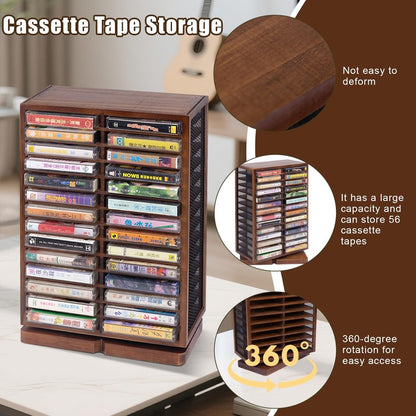 WodGod Cassette Tape Storage Box, Wood Cassette Rack, Wooden Cassette Tape Holder 360-Degree Rotatable, 56 Capacity, Double-Sided & Diamond Metal Wire Mesh, the Ideal Gift for Cassette Collectors