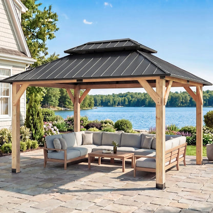Devoko 10' x 12' Outdoor Wood Gazebo,Metal Hardtop Gazebo,Color DIY Permanent Pavilion with Galvanized Steel Double Roof for Backyard, Garden(Windproof, Snow-Load Bearing, Waterproof, Rustproof)