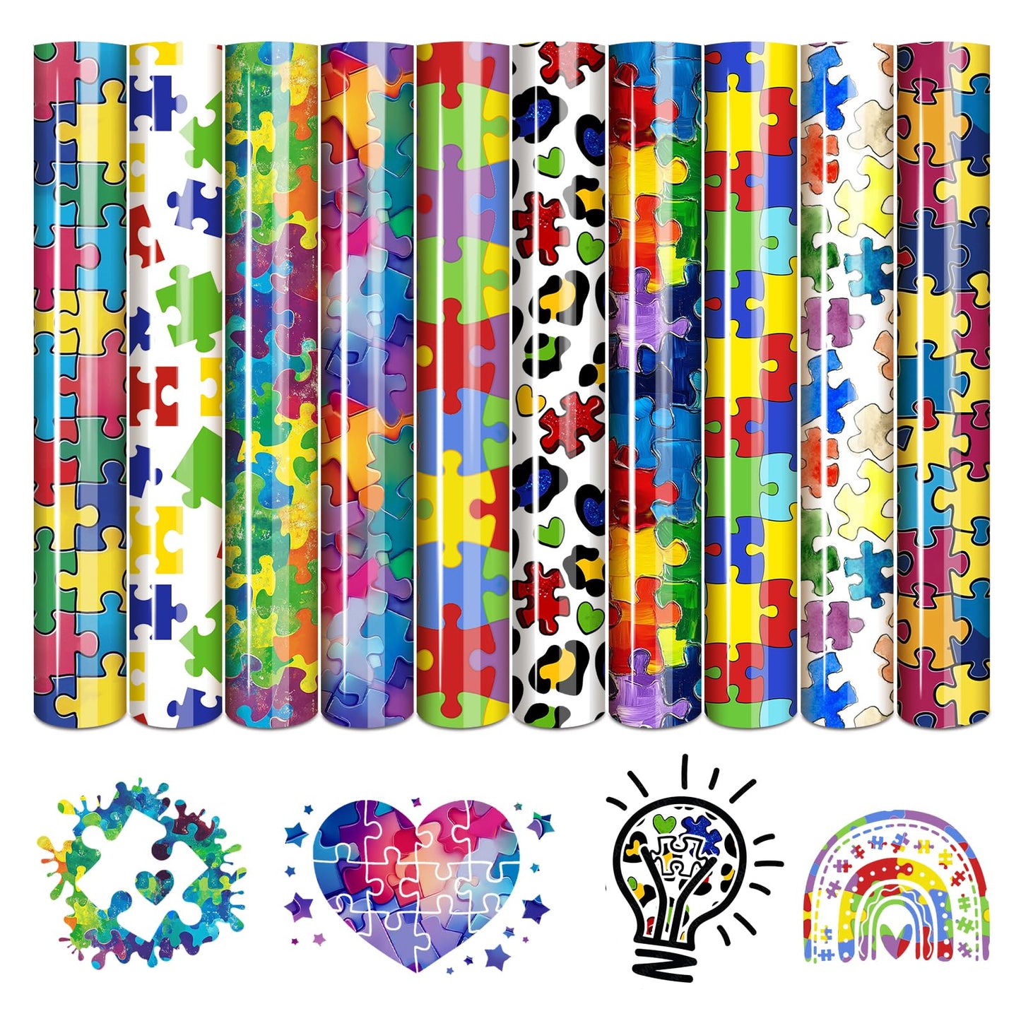Tintnut Autism Awareness Heat Transfer Vinyl - 10 Sheets 12"x10" Watercolor Puzzle Patterned Craft Cutter HTV Vinyl for DIY T-Shirts, Apparel & Craft Projects, Compatible with All Cutting Machines