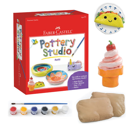 Faber-Castell Pottery Studio Refill Kit - 2 lbs. of Natural Air-Dry Pottery Clay, 6 Paint Pots and Paintbrush, Clay Making Kit for Kids
