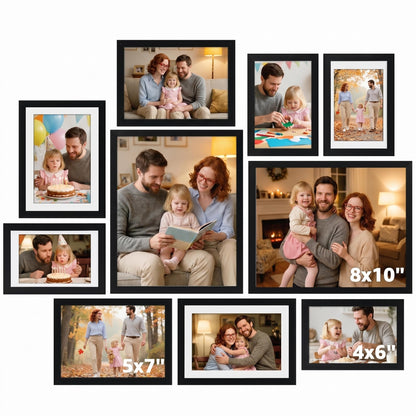 Giftgarden Multi Sizes Picture Frame Set 10 Pack, Assorted Black Photo Frames Collage with Moon Phase Mats for Wedding Gift Anniversary Gallery Wall Display
