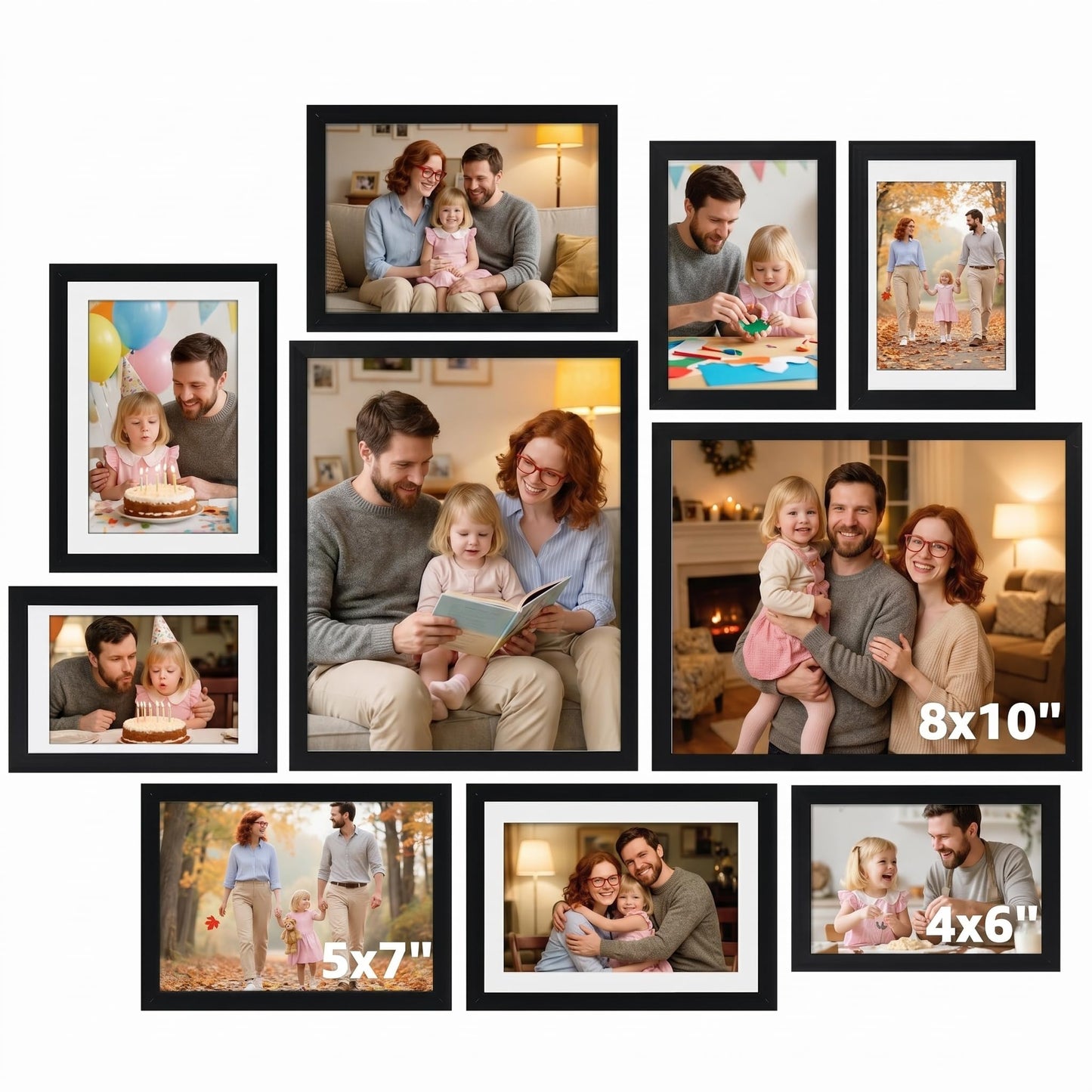 Giftgarden Multi Sizes Picture Frame Set 10 Pack, Assorted Black Photo Frames Collage with Moon Phase Mats for Wedding Gift Anniversary Gallery Wall Display