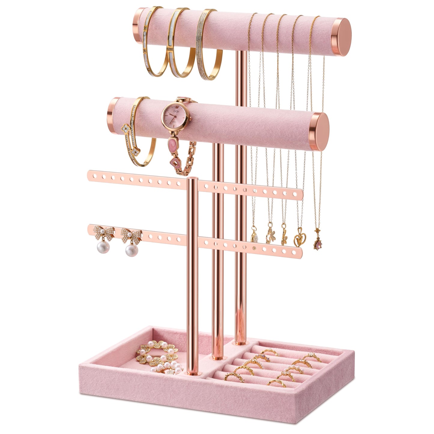 bussdis 3 Tier Bracelet Holder Display - Detachable T Bar Pink Velvet Bracelet Holder, Jewelry Holder Organizer for Bracelet, Necklace, Earrings, Rings