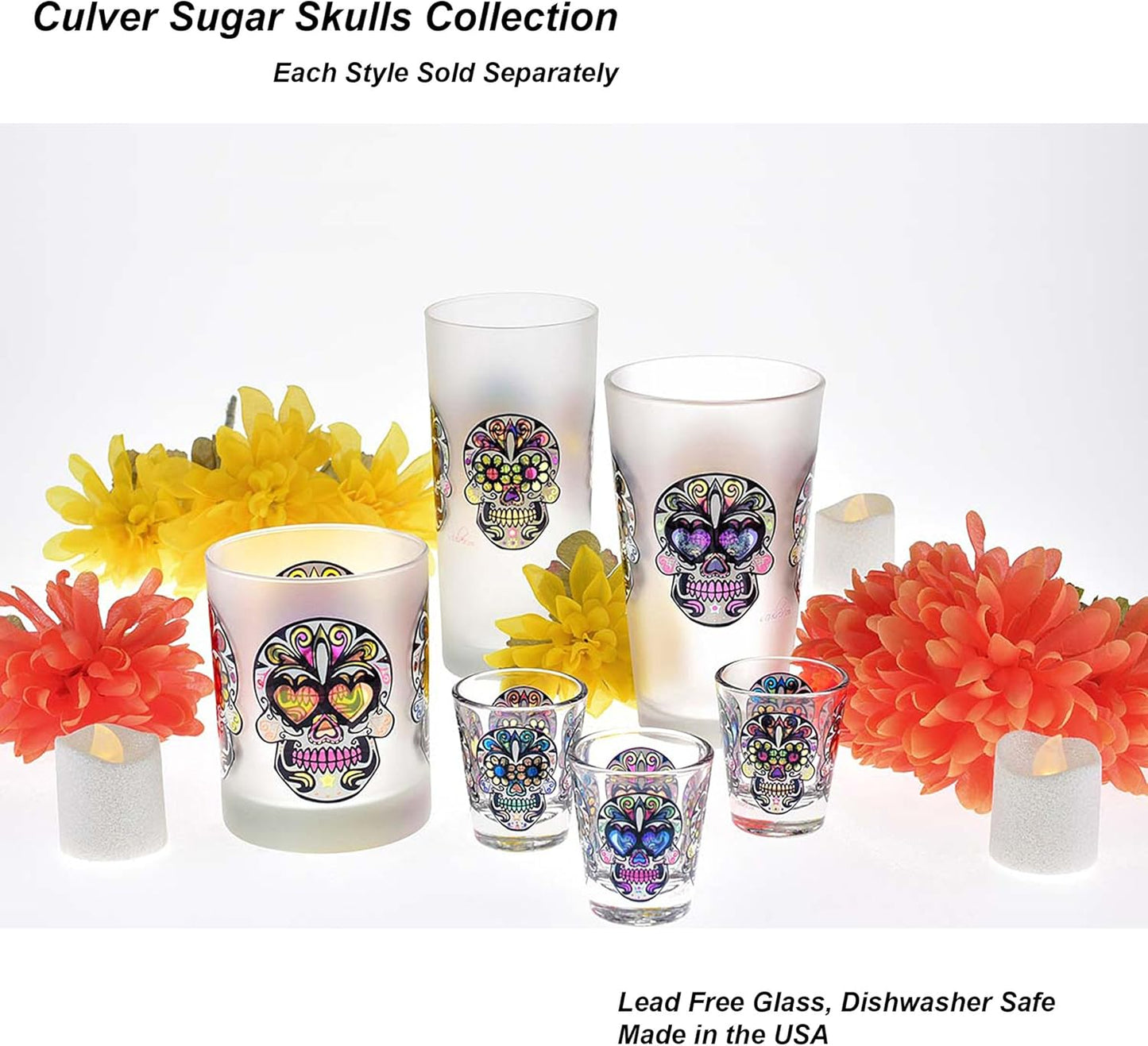 Culver 1.75-Ounce Sugar Skulls Decorated Shot Glasses, Set of 4