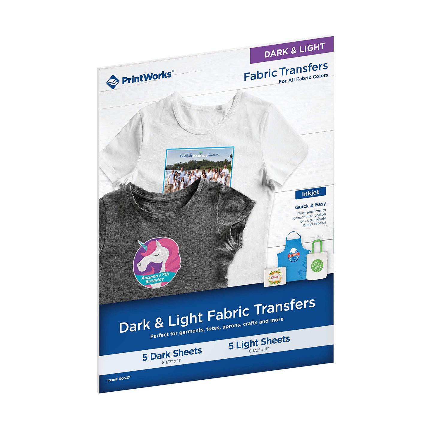 PrintWorks Iron on Heat Transfer Paper for Inkjet Printer - Printable Heat Transfer Vinyl for Dark & Light Fabrics (Printable HTV) - 8.5" x 11" - 10 Sheets - Made in The USA - Iron on Vinyl (00537)