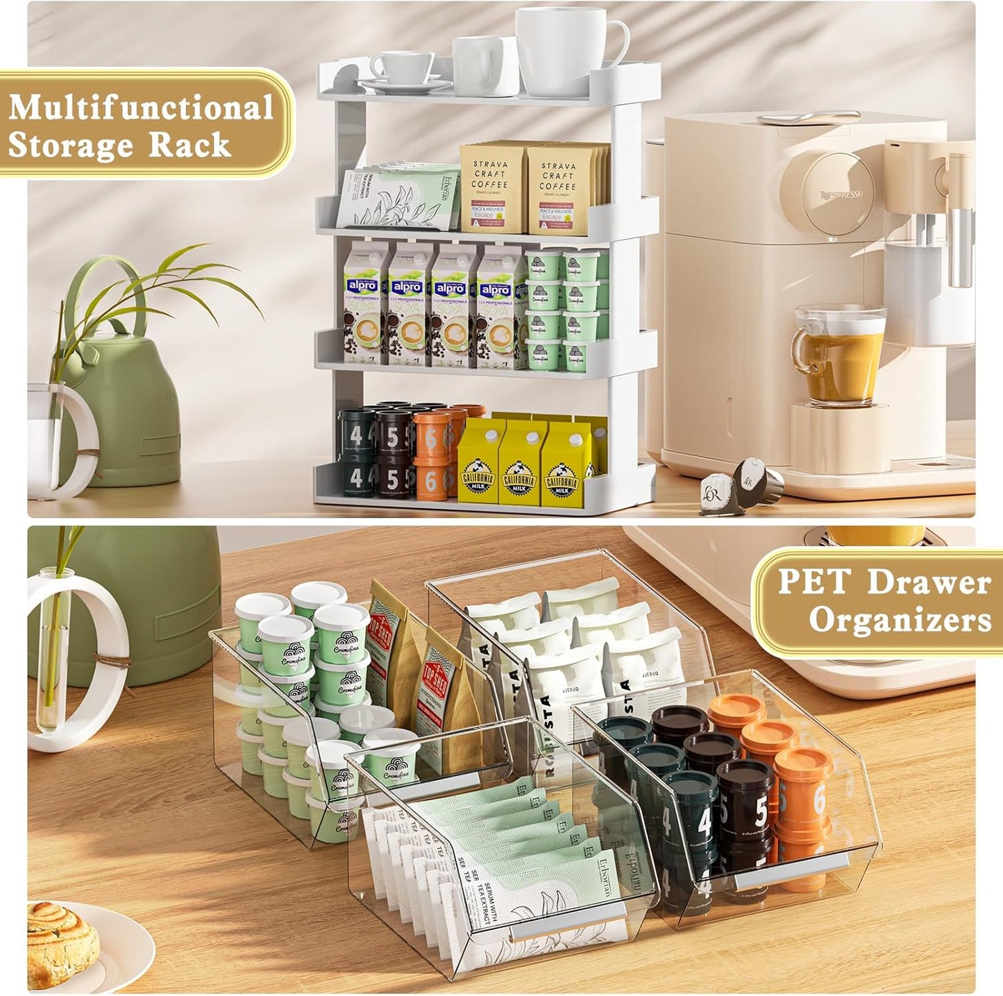 Coffee Pod Holder with 6 Drawers, 3-Tier Storage Organizer Compatible with 80 Big or 108 Small Vertuoline Pods for