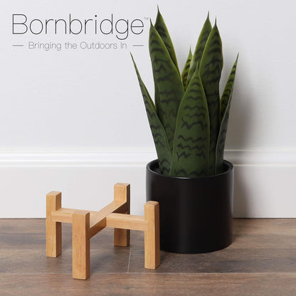 1 Pack) Bornbridge Artificial Snake Plant with Mid Century Plant Stand - Sansevieria Plant in Modern Planter